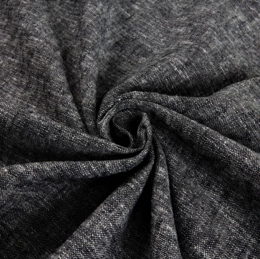 "Linen/Rayon Yarn Dye – Black fabric with subtle tonal variation, 55% linen 45% rayon blend, 6 oz medium weight"

