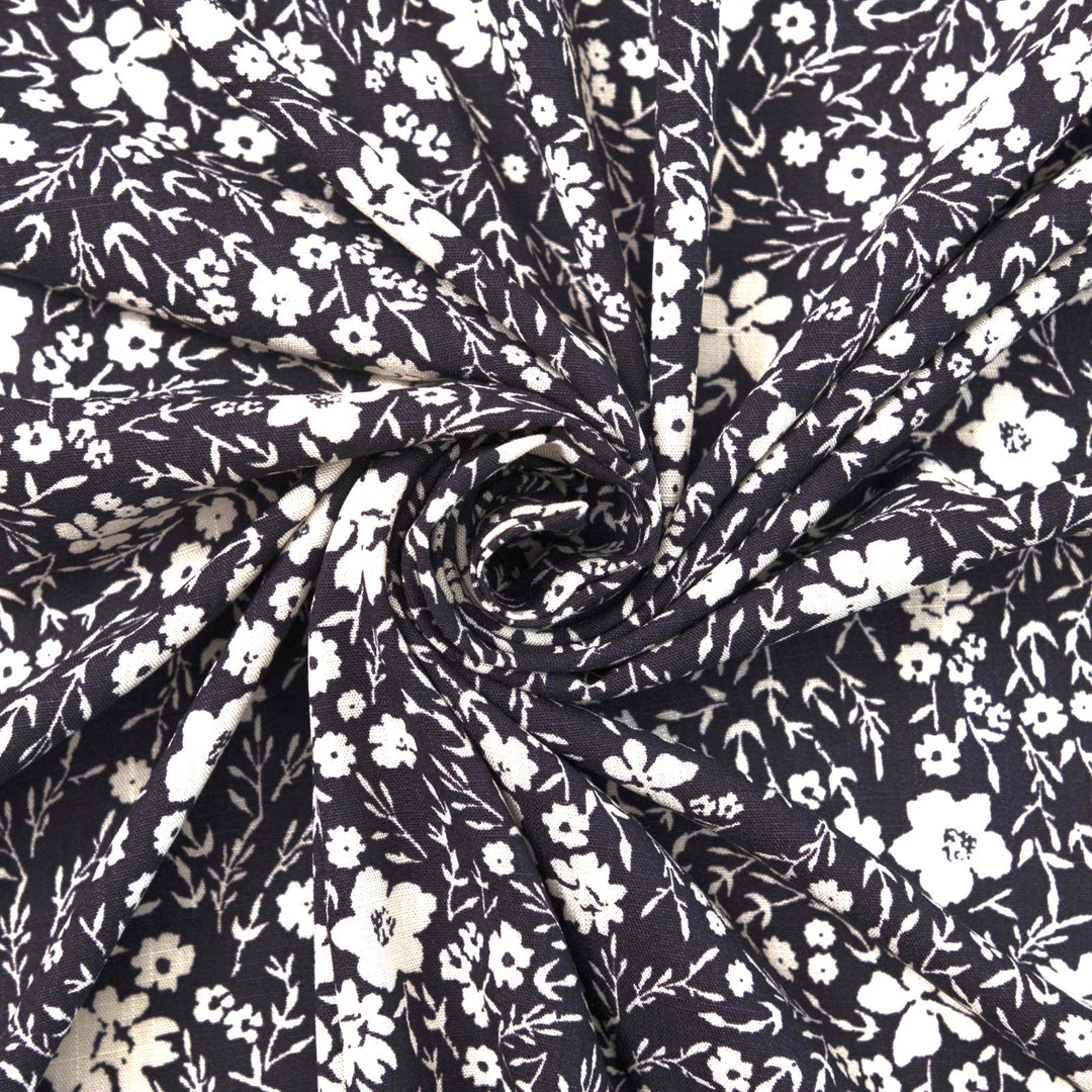 Navy and ivory ditsy floral linen cotton fabric for dresses