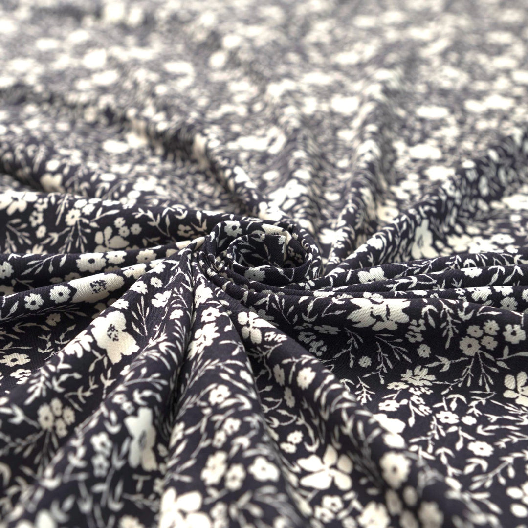 Navy and ivory ditsy floral linen cotton fabric for dresses
