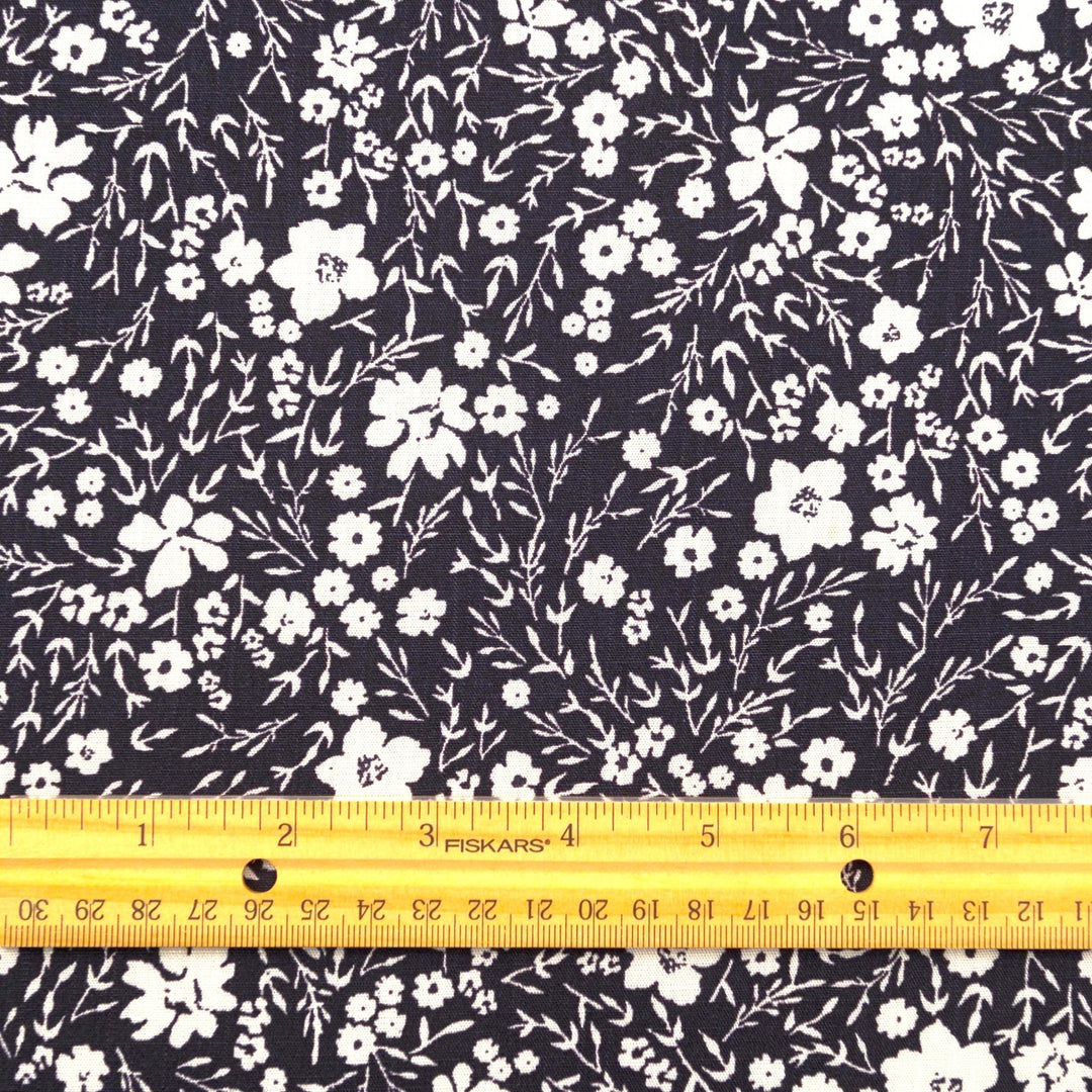 Navy and ivory ditsy floral linen cotton fabric for dresses