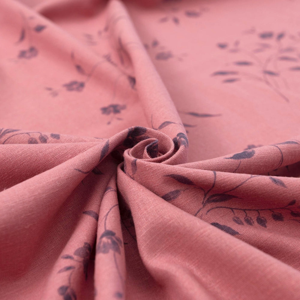 Pink floral vine linen cotton fabric for dresses and blouses