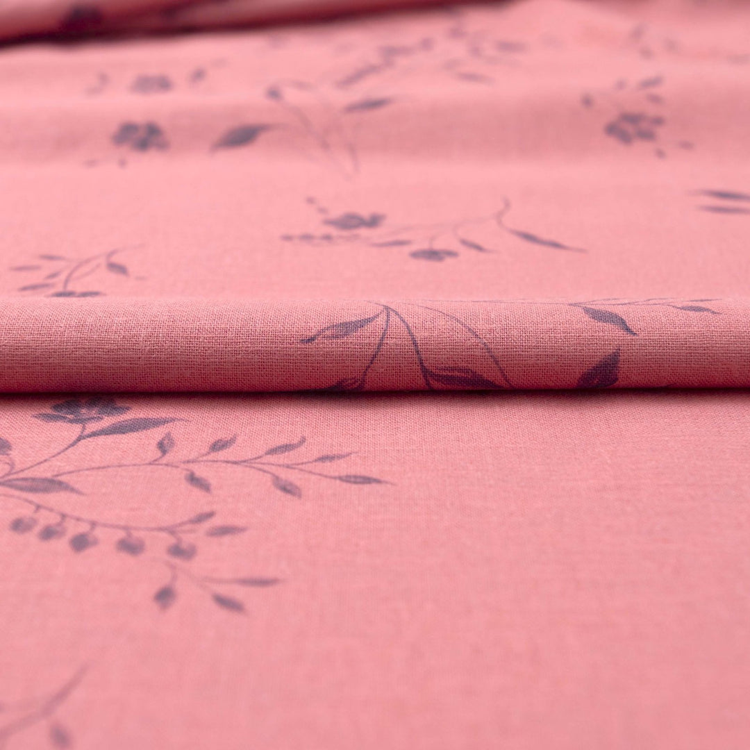 Pink floral vine linen cotton fabric for dresses and blouses