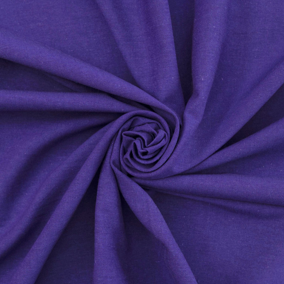 Royal purple linen and cotton blend fabric, mid-weight, soft, breathable, and opaque, ideal for sewing dresses, tunics, pants, shirts, and light jackets.

