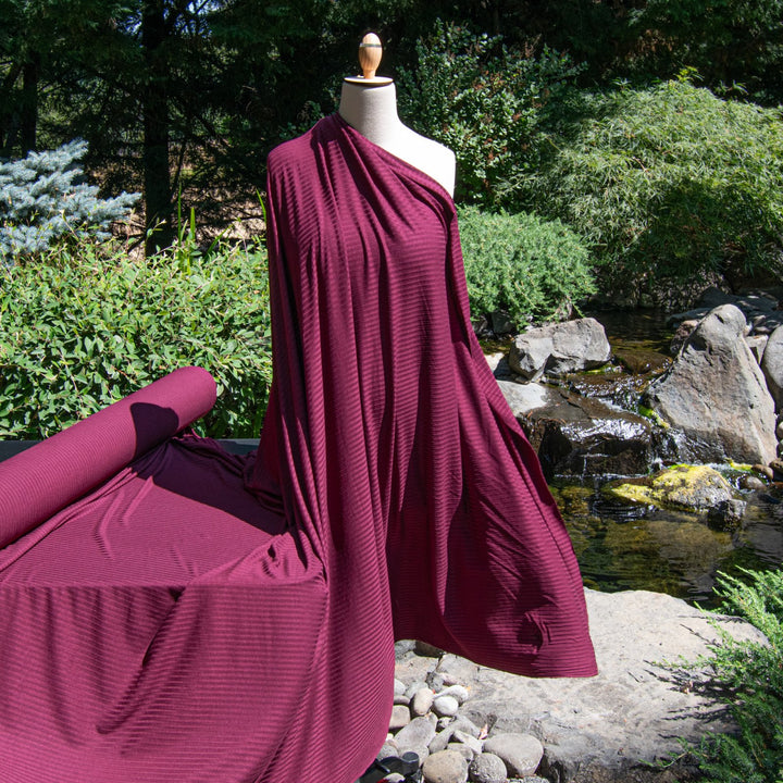Burgundy Rayon Rib Knit Fabric - 95% Rayon 5% Spandex - 4-Way Stretch Soft Material for Dresses & Loungewear