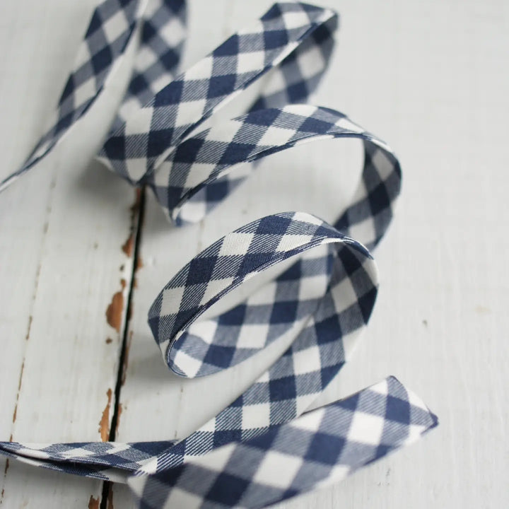 Printed Double Fold Bias Tape 1/2" - Navy Gingham
