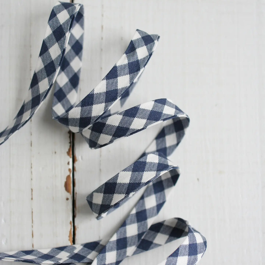 Printed Double Fold Bias Tape 1/2" - Navy Gingham