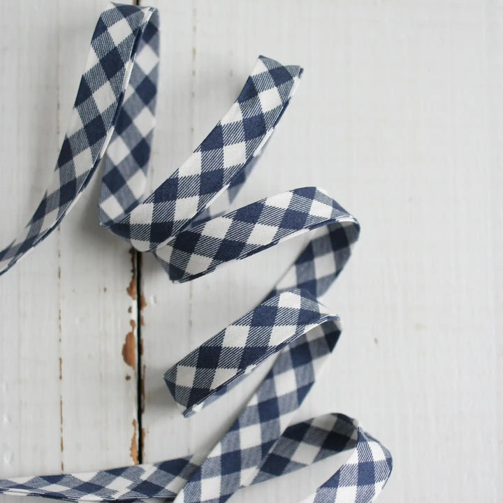Printed Double Fold Bias Tape 1/2" - Navy Gingham
