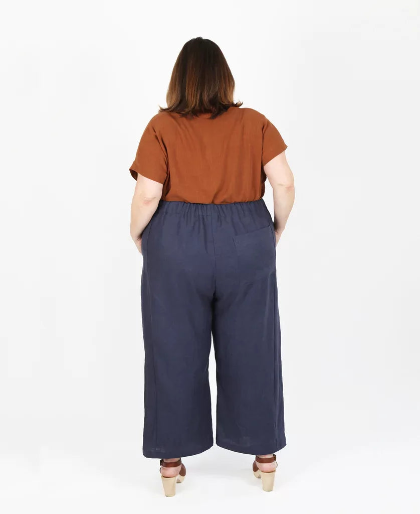 Sew House Seven Free Range Slacks sewing pattern in curvy sizes with elastic waist, tapered and cropped leg options
