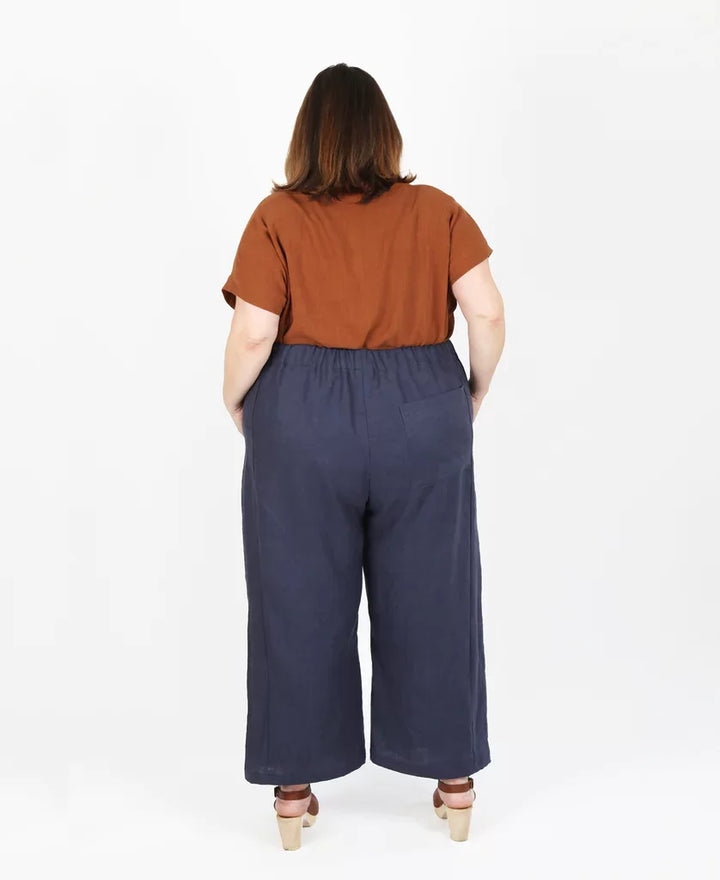 Sew House Seven Free Range Slacks sewing pattern in curvy sizes with elastic waist, tapered and cropped leg options