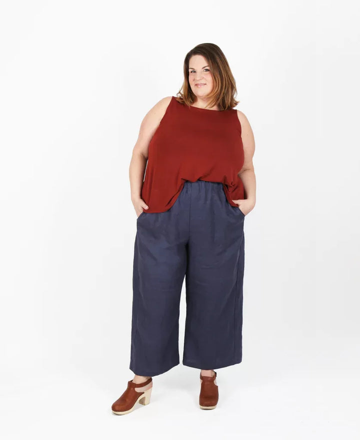 Sew House Seven Free Range Slacks sewing pattern in curvy sizes with elastic waist, tapered and cropped leg options