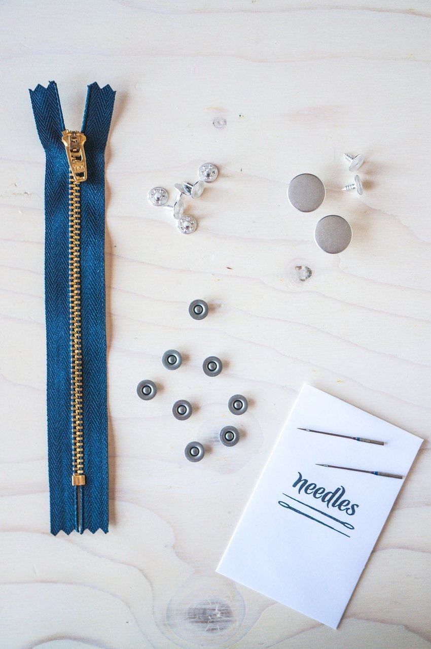 Jeans Making Kit with Zipper Fly – Includes Rivets, Buttons, YKK Zipper & Needles for DIY Denim Sewing