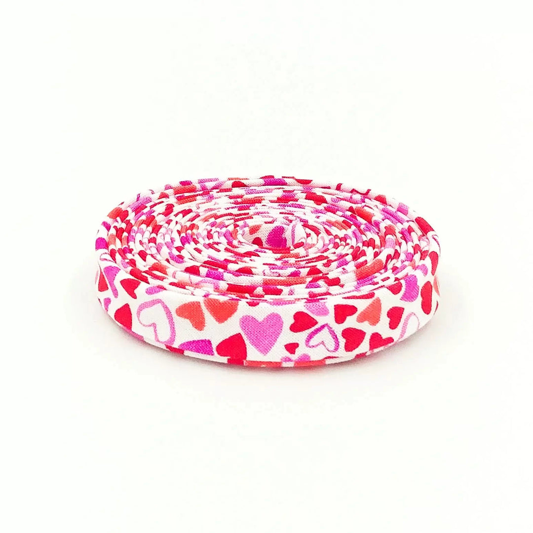 Pink and red heart double fold bias tape - 1/2" cotton sewing trim for romantic garment edges