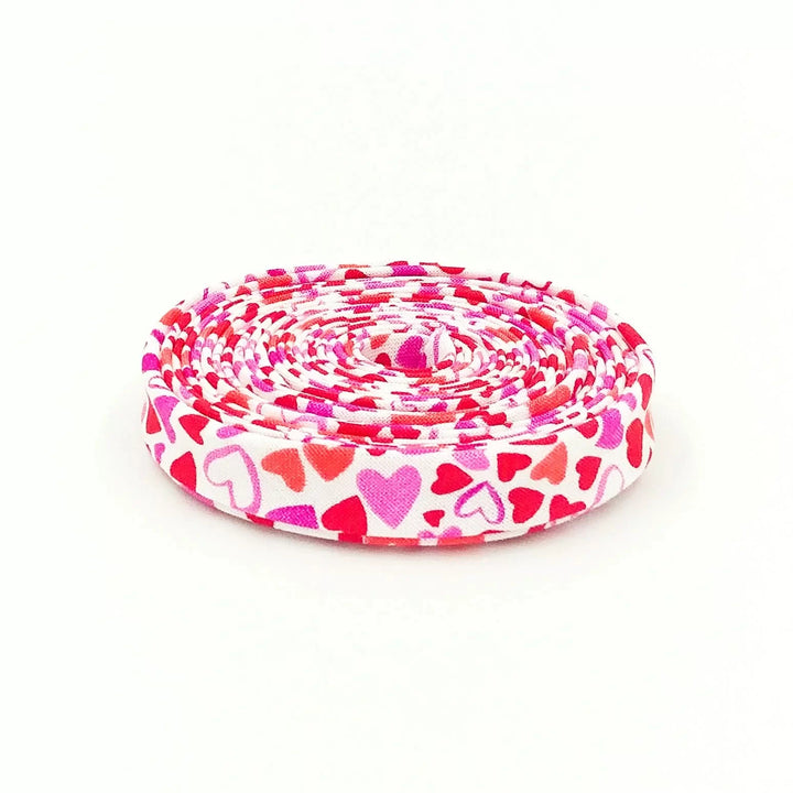 Pink and red heart double fold bias tape - 1/2" cotton sewing trim for romantic garment edges
