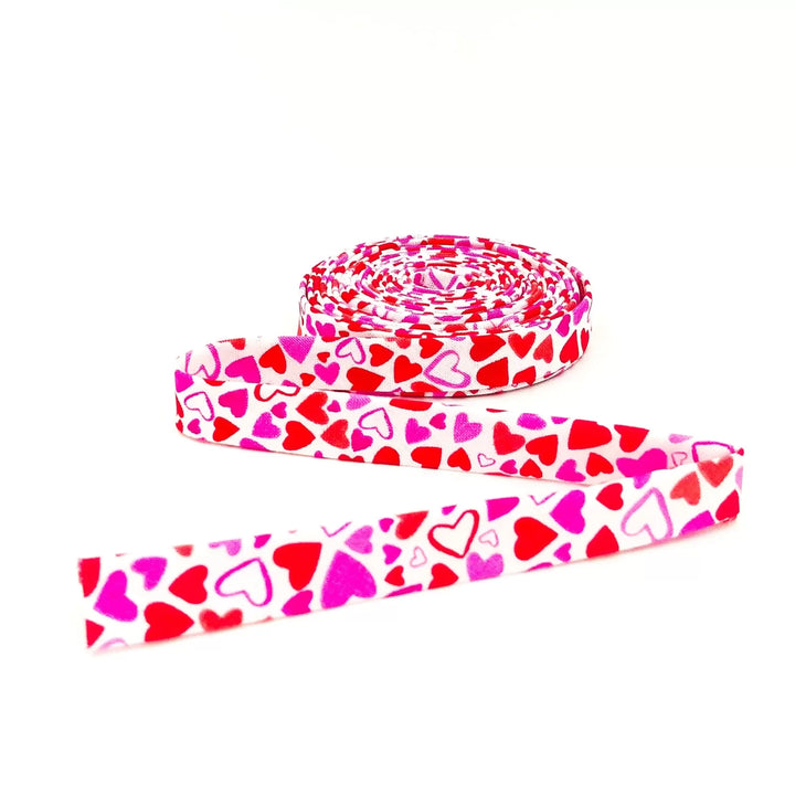 Pink and red heart double fold bias tape - 1/2" cotton sewing trim for romantic garment edges