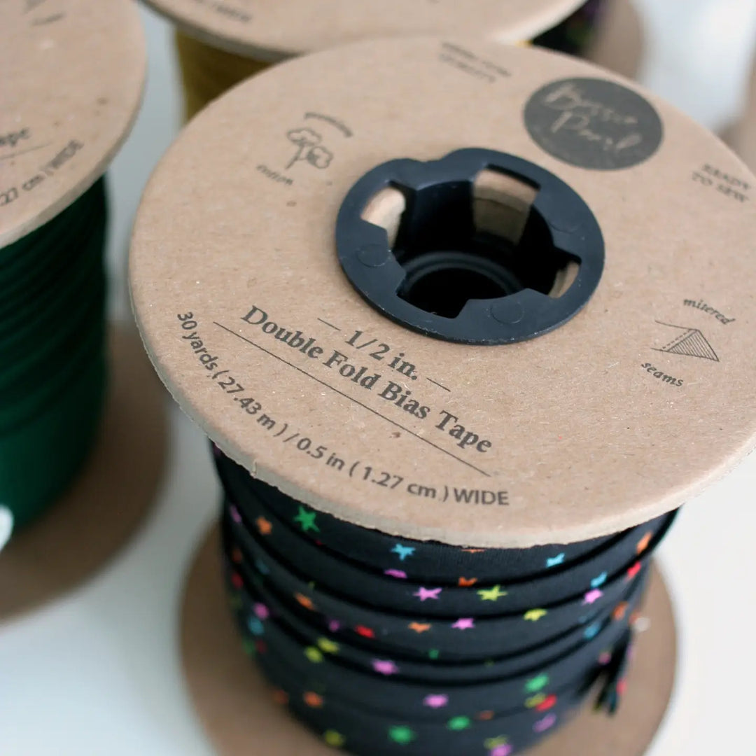 Printed Double Fold Bias Tape 1/2" - Black Stripe