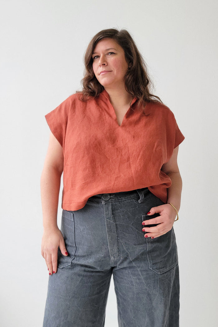 Sew House Seven Revel Topper sewing pattern with cut-on shawl collar and sleeve variations