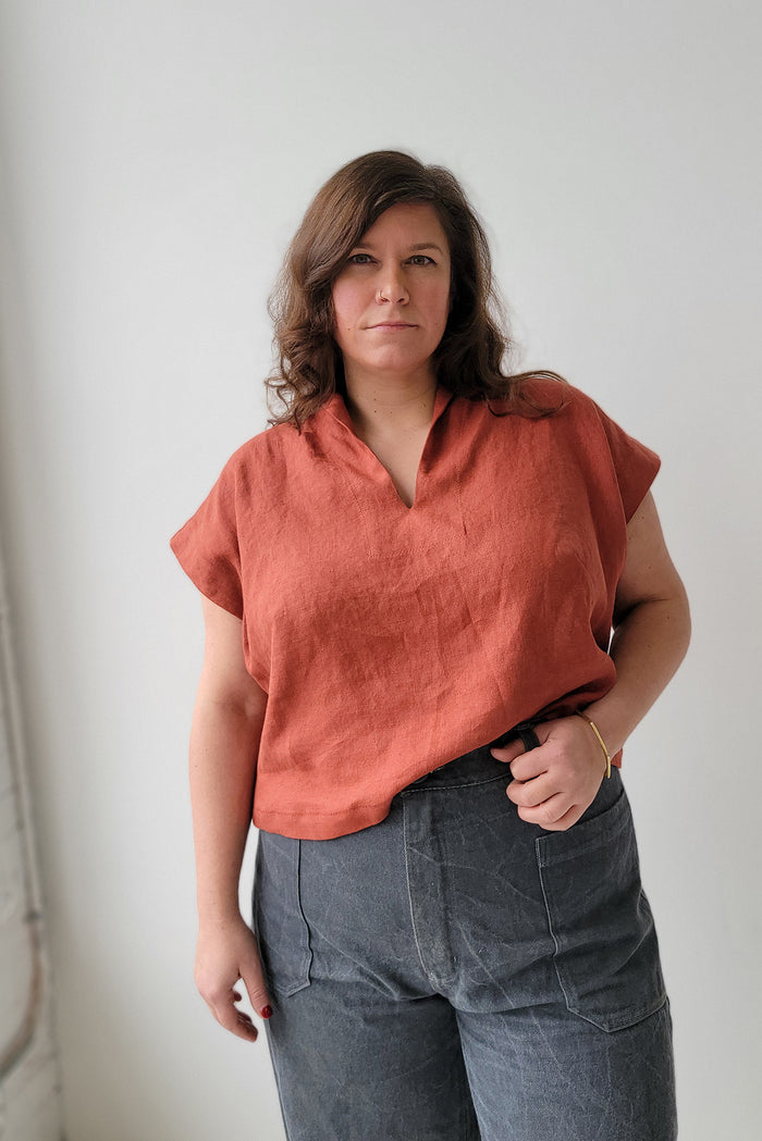 Sew House Seven Revel Topper sewing pattern with cut-on shawl collar and sleeve variations