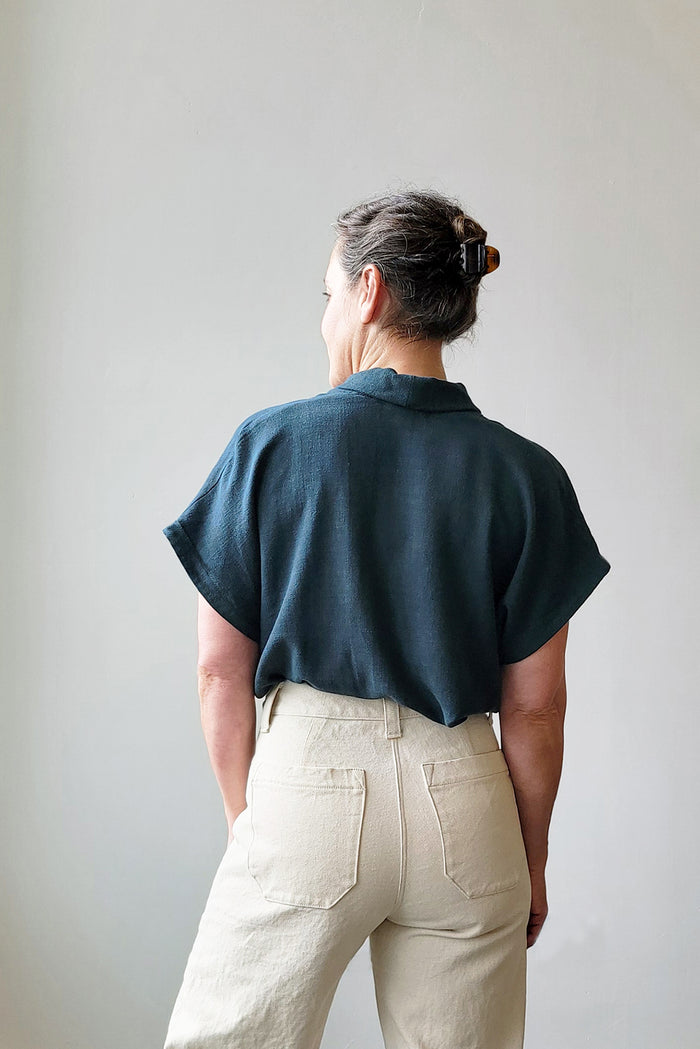 Sew House Seven Revel Topper sewing pattern with cut-on shawl collar and sleeve variations