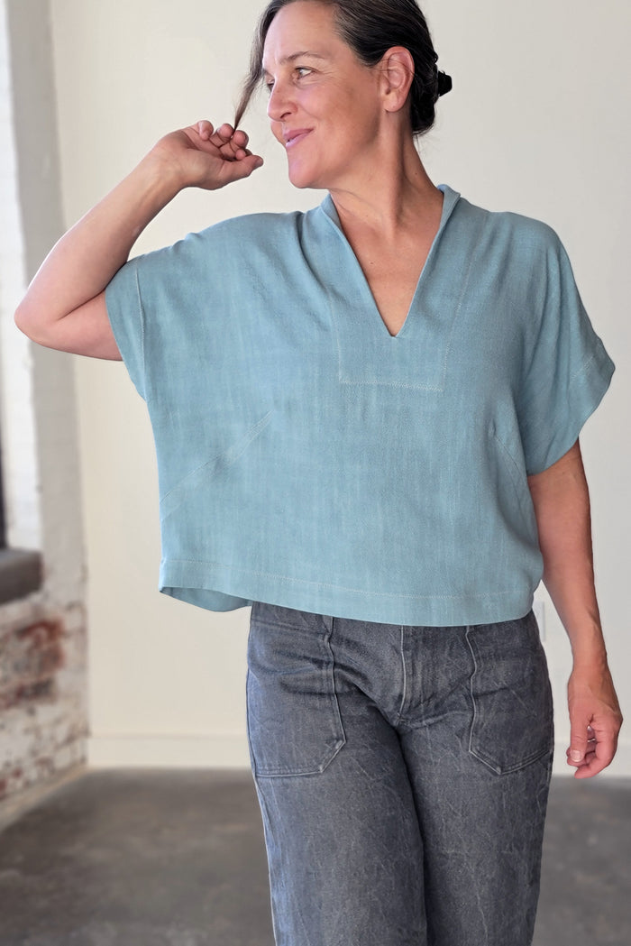 Sew House Seven Revel Topper sewing pattern with cut-on shawl collar and sleeve variations