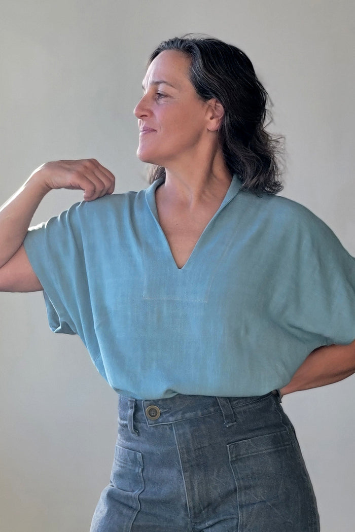 Sew House Seven Revel Topper sewing pattern with cut-on shawl collar and sleeve variations