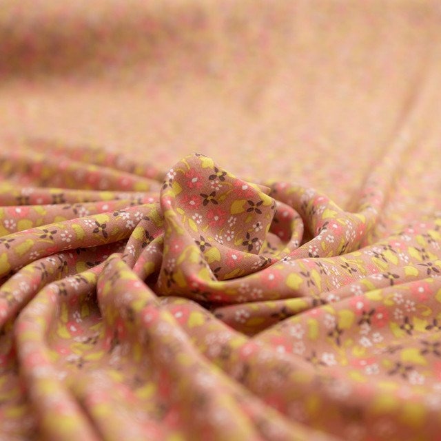 Rayon Challis Soft Spring Floral Fabric in muted rose with bright lime green floral print