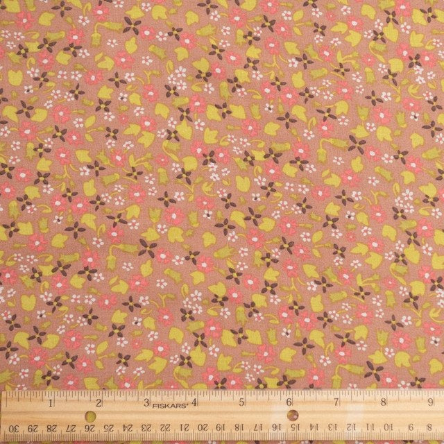 Rayon Challis Soft Spring Floral Fabric in muted rose with bright lime green floral print