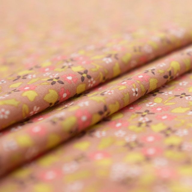 Rayon Challis Soft Spring Floral Fabric in muted rose with bright lime green floral print