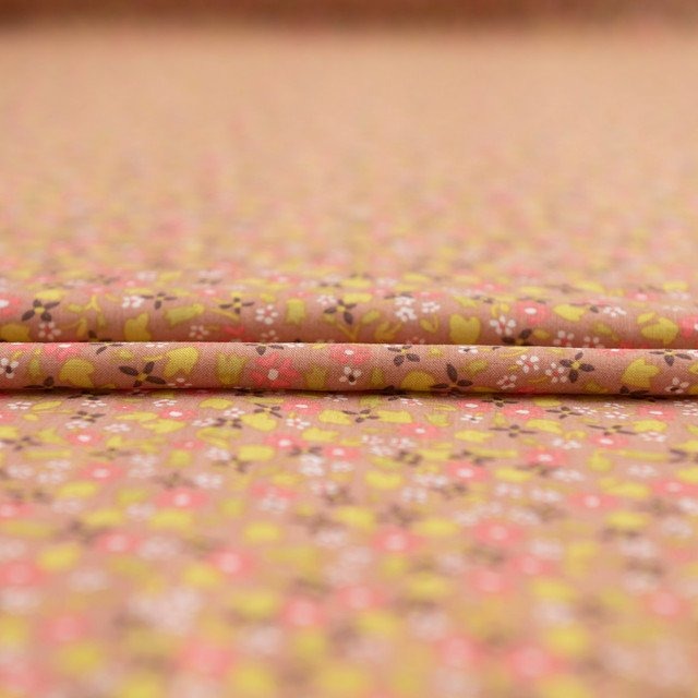 Rayon Challis Soft Spring Floral Fabric in muted rose with bright lime green floral print