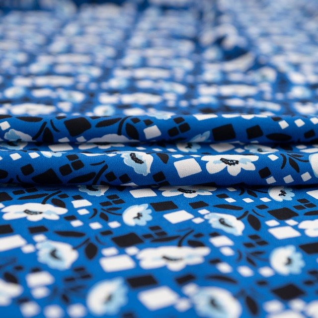 Rayon Crepe fabric blue floral geometric print 54 inches wide for dresses tops and skirts