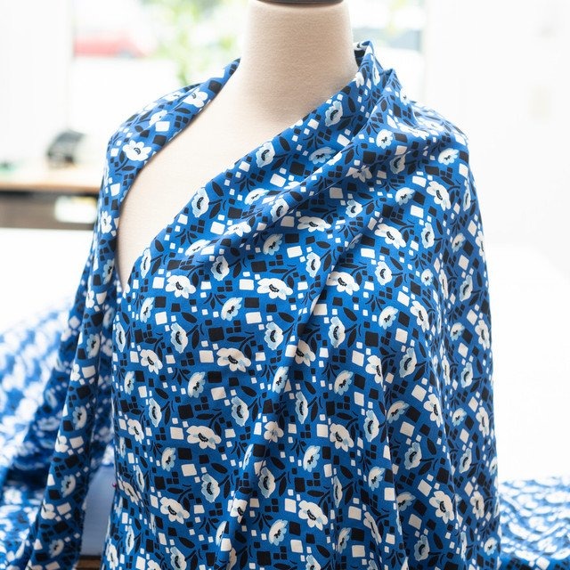 Rayon Crepe fabric blue floral geometric print 54 inches wide for dresses tops and skirts