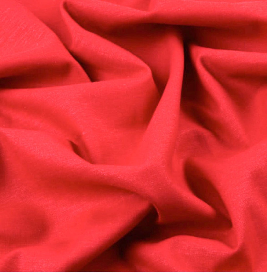 "Roma Stretch Linen – Red fabric with soft texture, breathable linen-rayon-spandex blend, ideal for dresses, skirts, and jackets"

