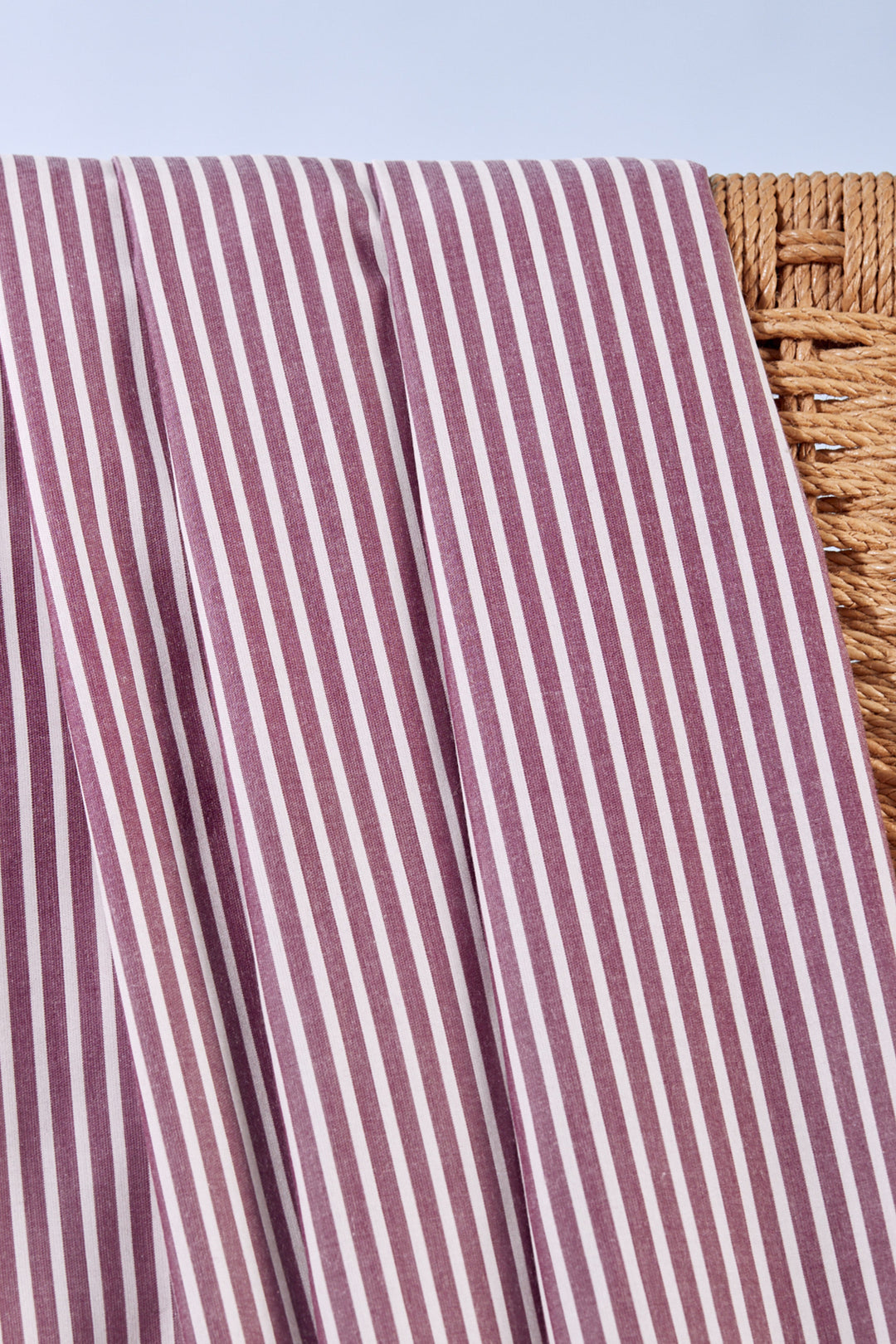 Viscose woven stripe fabric in Sunray Dahlia - Raspberry and White, ideal for dresses and blouses