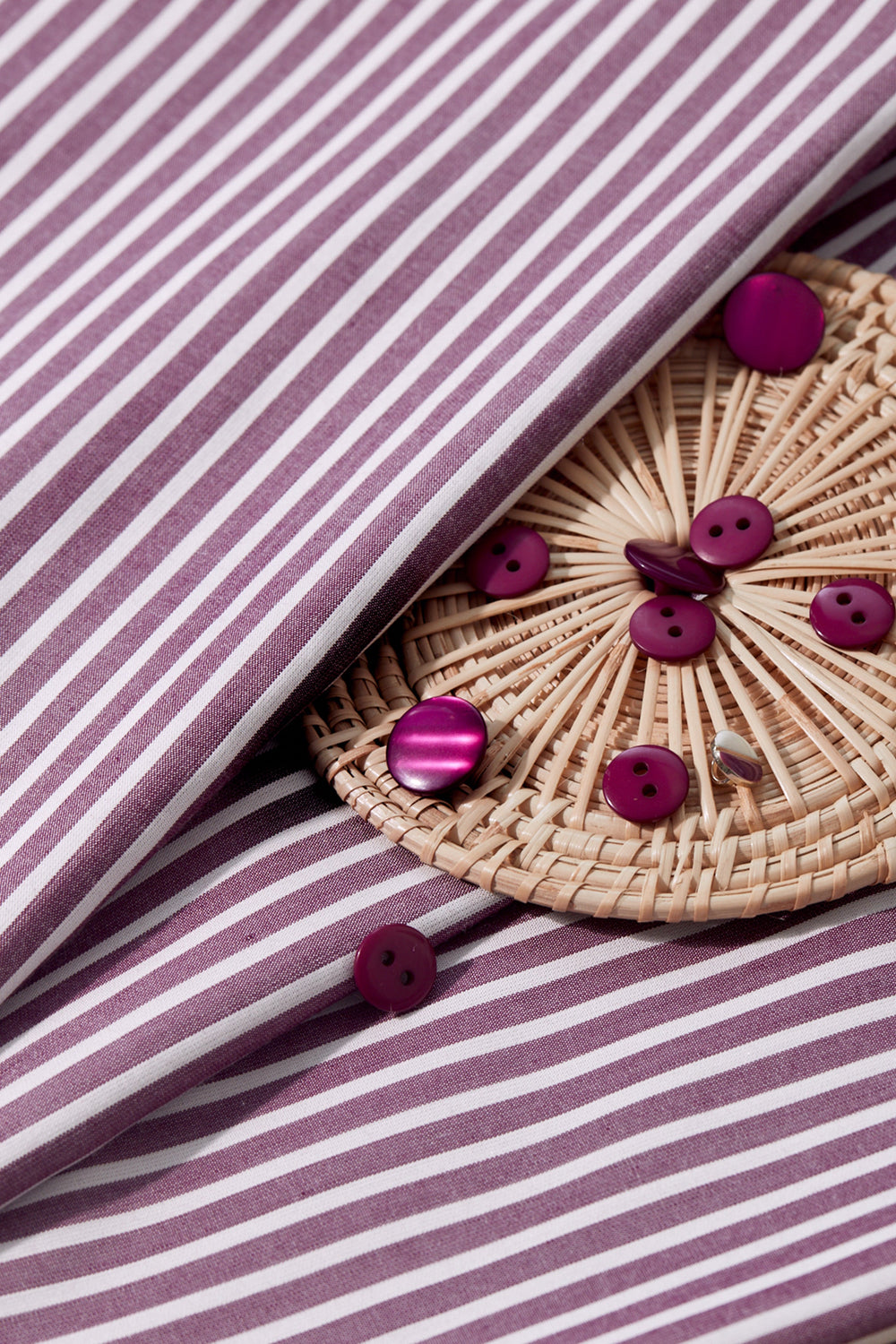 Viscose woven stripe fabric in Sunray Dahlia - Raspberry and White, ideal for dresses and blouses