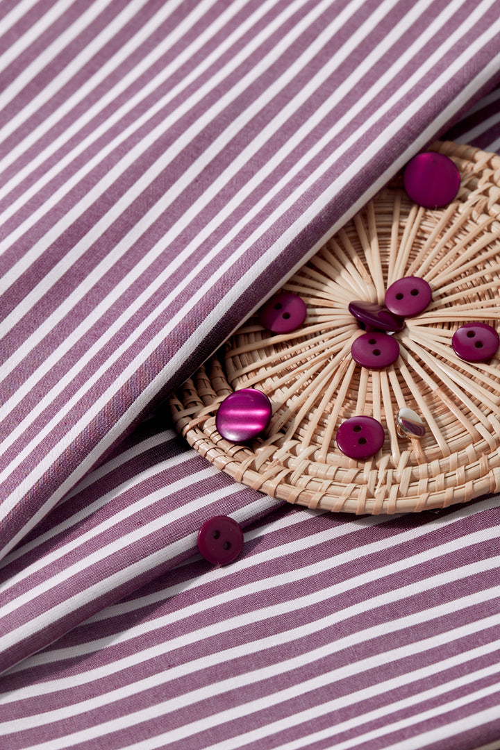 Viscose woven stripe fabric in Sunray Dahlia - Raspberry and White, ideal for dresses and blouses