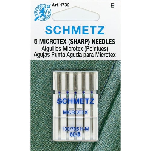 Machine Needles - Microtex - Sizes 60/8, 70/10, 80/12, 90/14, 100/16 (5 per pkg)