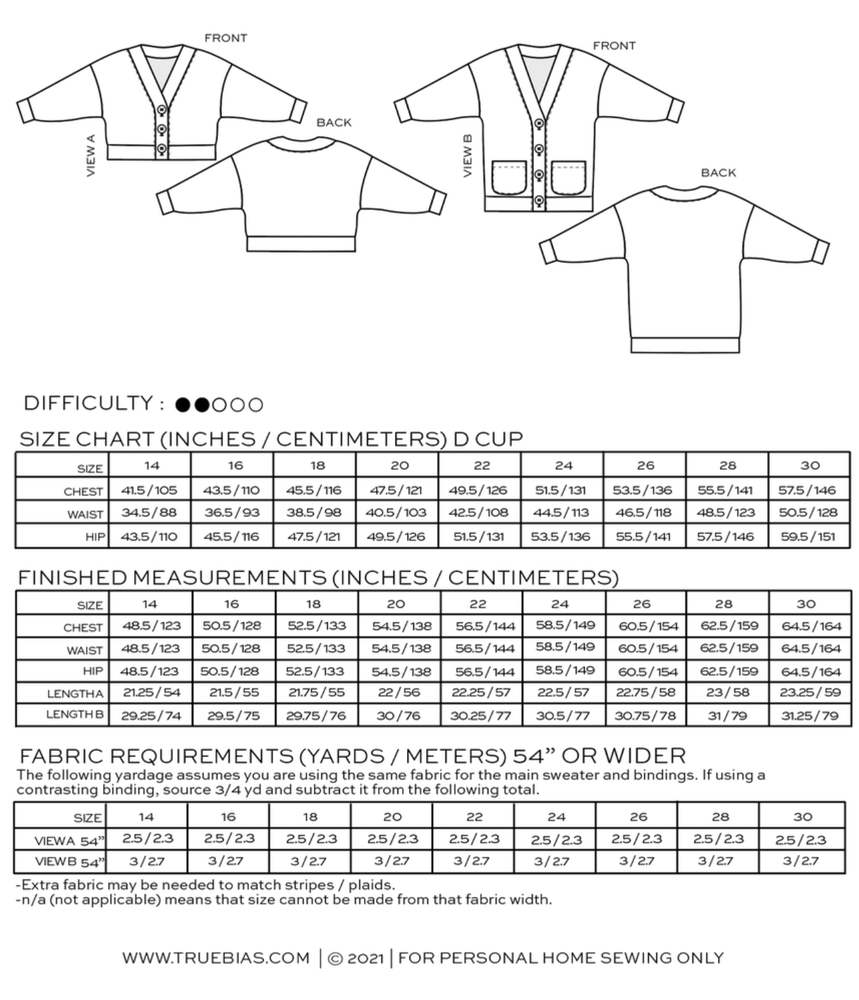 True Bias Marlo Sweater in cozy medium-weight knit with deep V-neck and large buttons, shown in mid-thigh length with patch pockets.