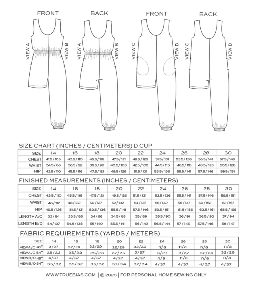 True Bias - Nova Jumpsuit sewing pattern with four views, pocket options, and romper or full-length styles in inclusive sizes 14–30