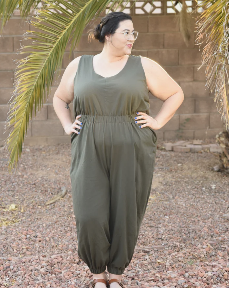 True Bias - Nova Jumpsuit sewing pattern with four views, pocket options, and romper or full-length styles in inclusive sizes 14–30