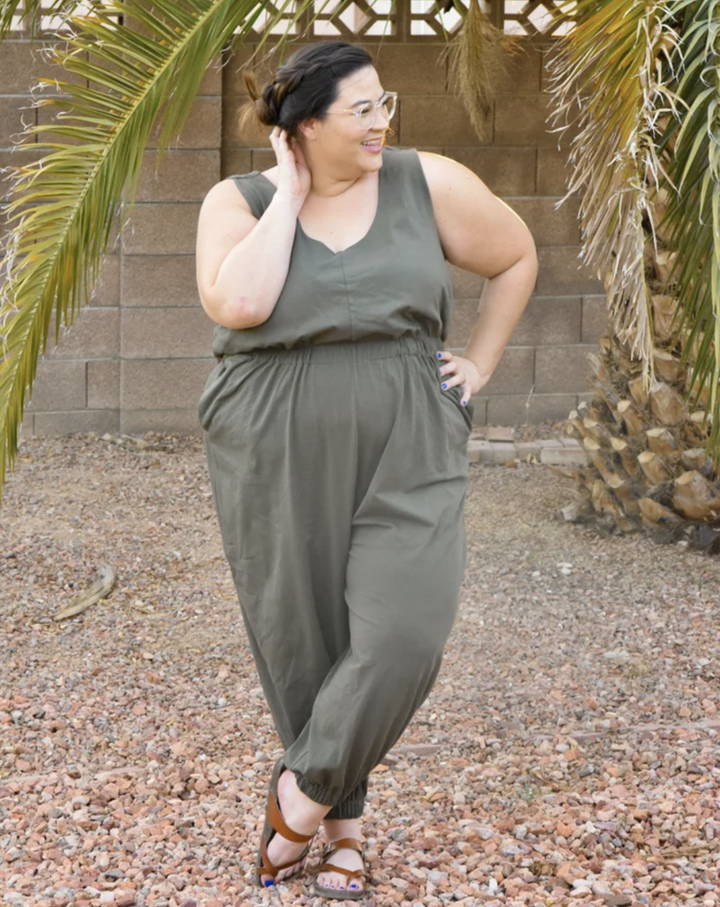 True Bias - Nova Jumpsuit sewing pattern with four views, pocket options, and romper or full-length styles in inclusive sizes 14–30