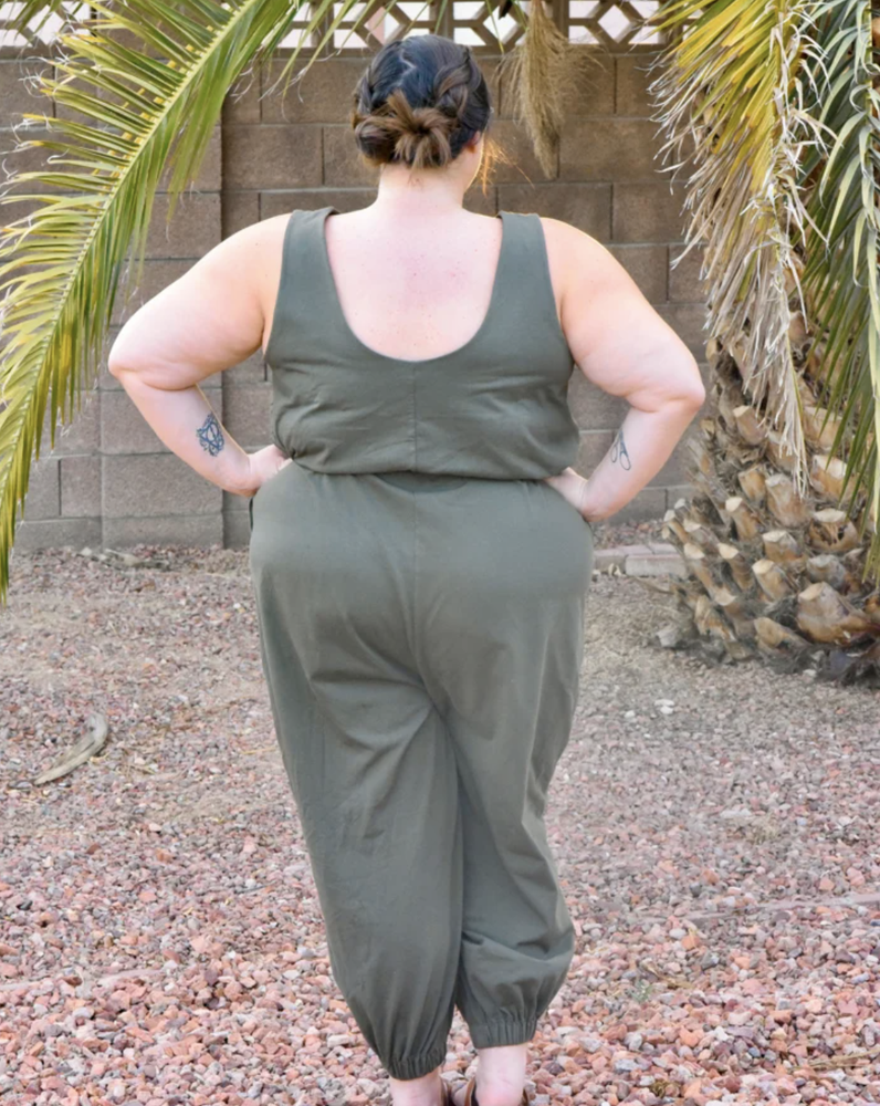True Bias - Nova Jumpsuit sewing pattern with four views, pocket options, and romper or full-length styles in inclusive sizes 14–30