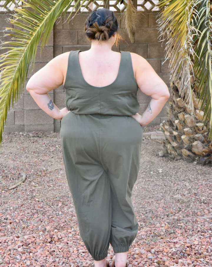 True Bias - Nova Jumpsuit sewing pattern with four views, pocket options, and romper or full-length styles in inclusive sizes 14–30