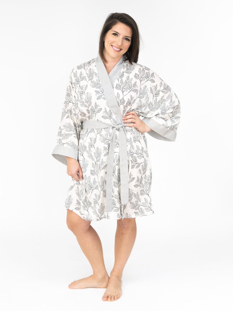 Signature "Nature Walk" Robe in black and white leaf print with kimono-style cut and interior tie for comfortable lounging