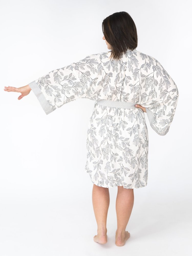 Signature "Nature Walk" Robe in black and white leaf print with kimono-style cut and interior tie for comfortable lounging
