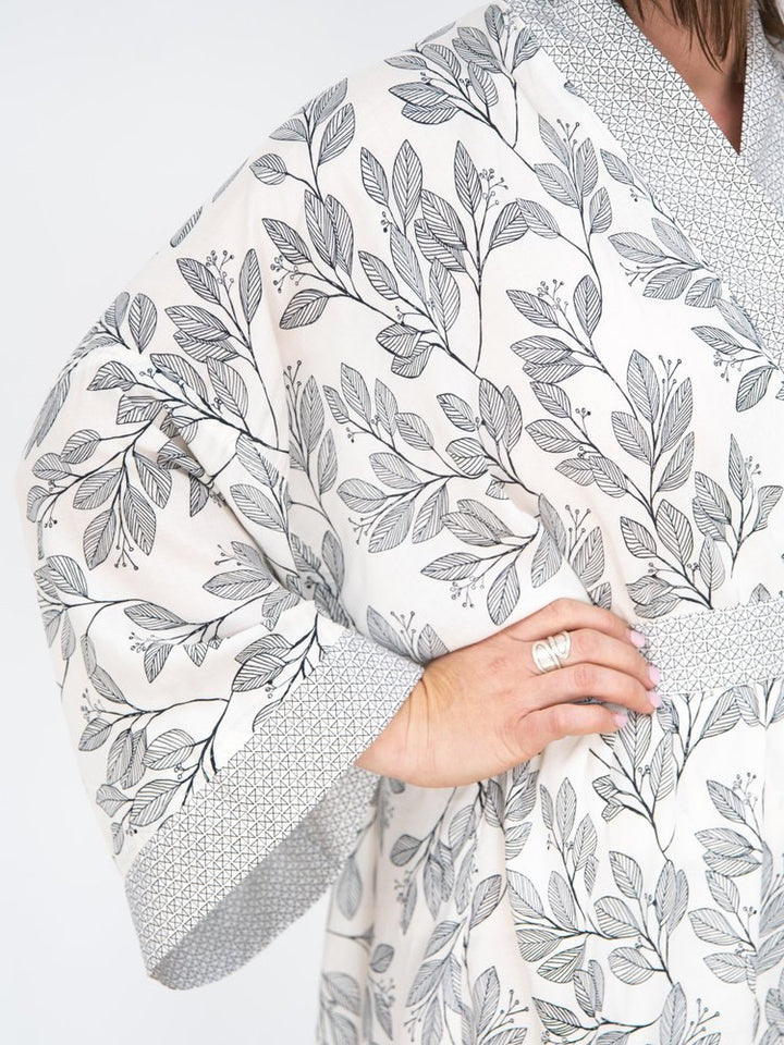 Signature "Nature Walk" Robe in black and white leaf print with kimono-style cut and interior tie for comfortable lounging