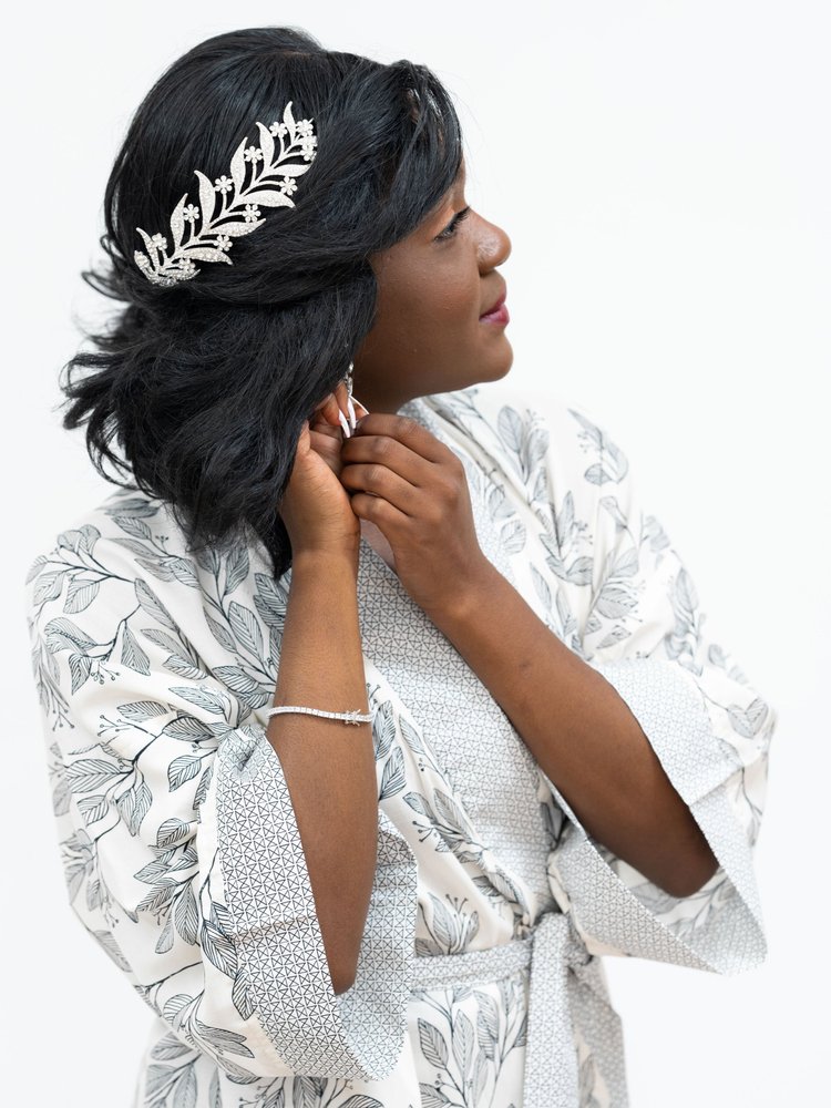 Signature "Nature Walk" Robe in black and white leaf print with kimono-style cut and interior tie for comfortable lounging