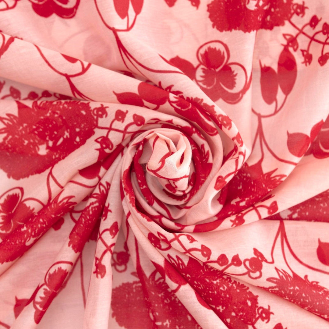 Scarlet Petal Symphony Silk/Cotton Fabric - Watercolor Floral Print for Elegant Dresses & Blouses