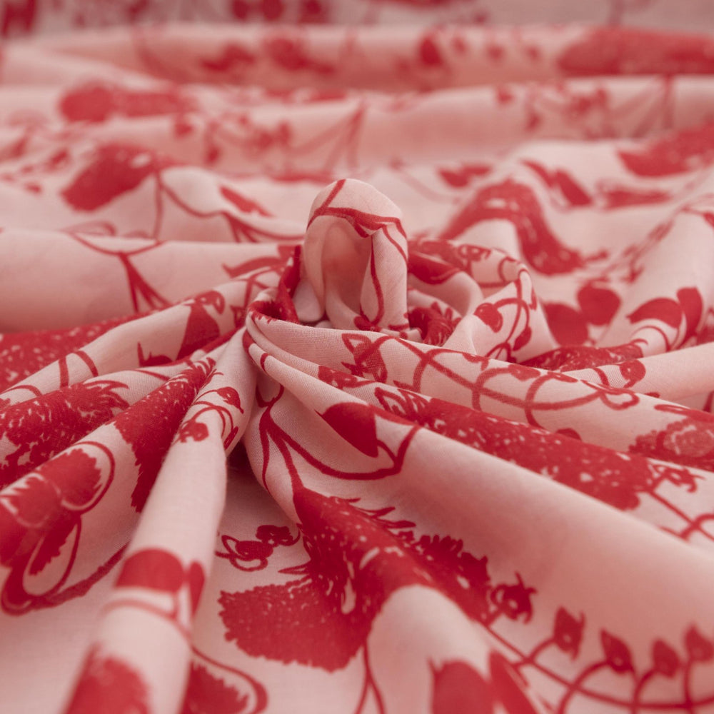 Scarlet Petal Symphony Silk/Cotton Fabric - Watercolor Floral Print for Elegant Dresses & Blouses