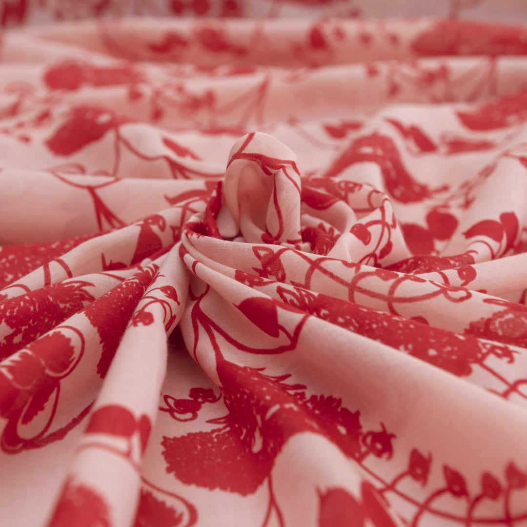 Scarlet Petal Symphony Silk/Cotton Fabric - Watercolor Floral Print for Elegant Dresses & Blouses
