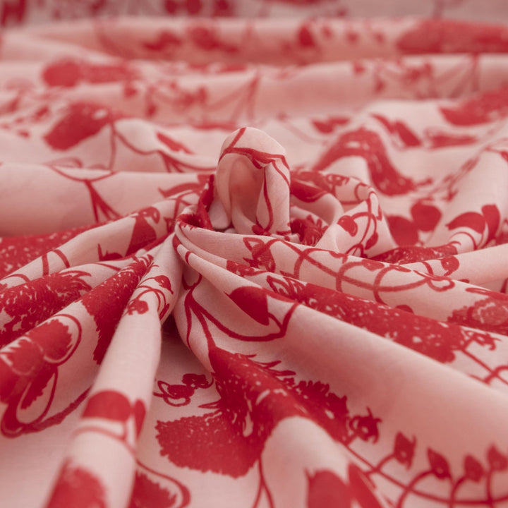 Scarlet Petal Symphony Silk/Cotton Fabric - Watercolor Floral Print for Elegant Dresses & Blouses