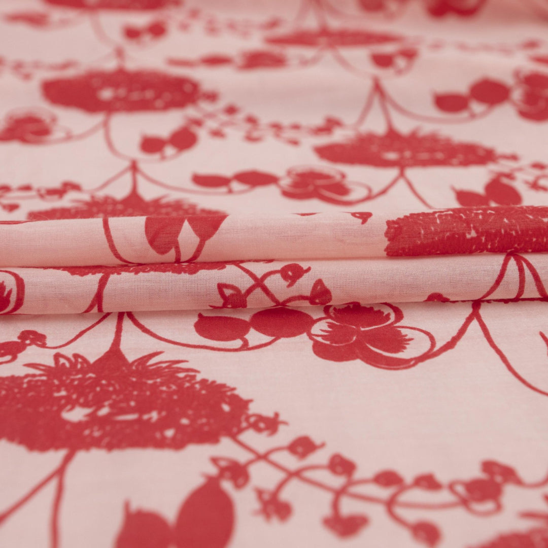 Scarlet Petal Symphony Silk/Cotton Fabric - Watercolor Floral Print for Elegant Dresses & Blouses